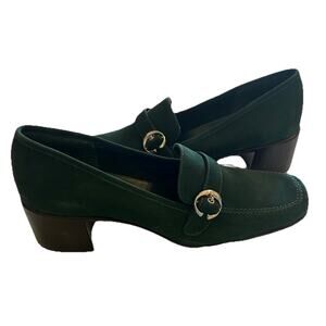 Laura Scott Size 10M Green Suede Loafers 2" Block Heel Square Toe Leather Shoes